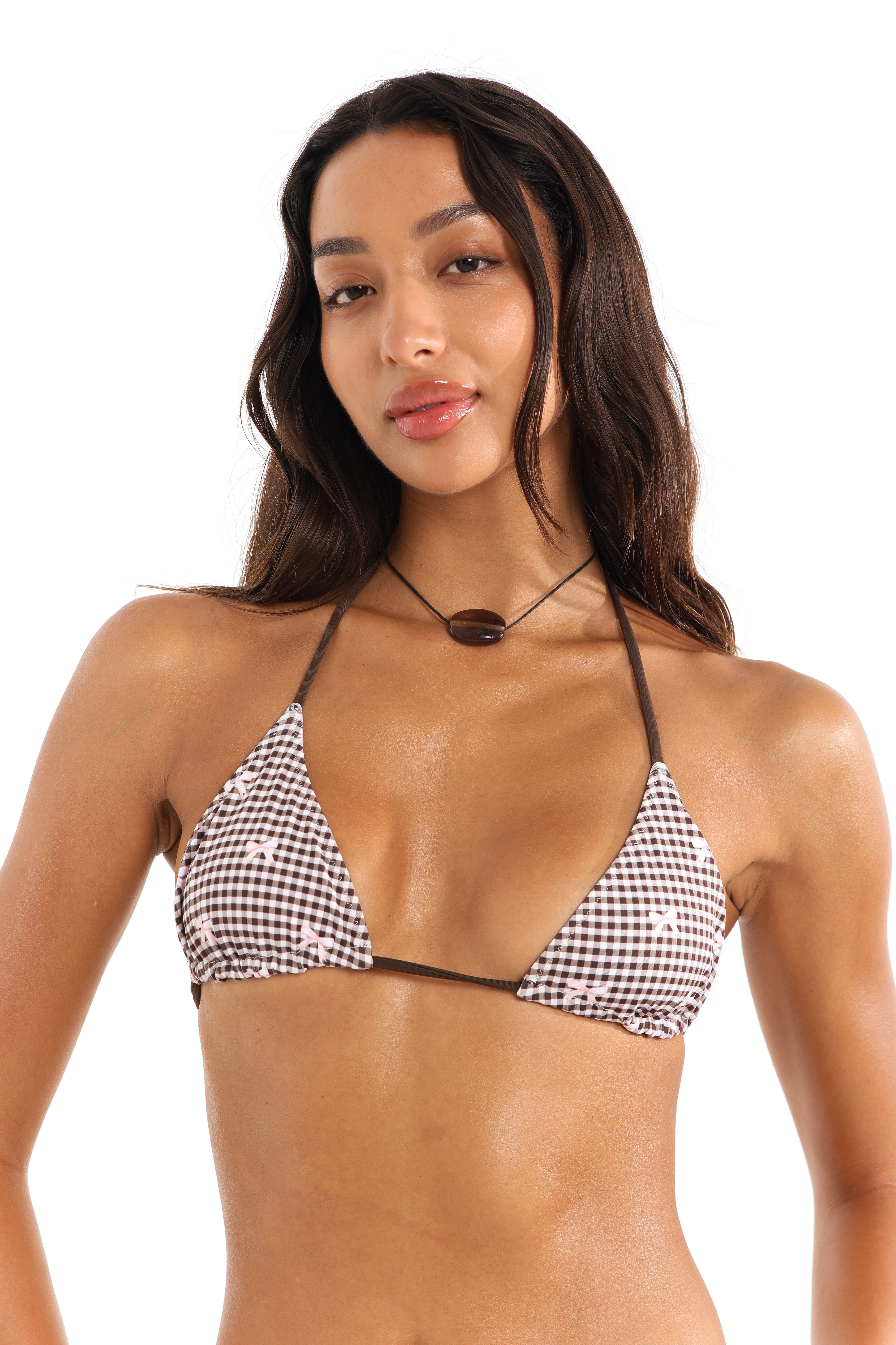 Front view of Bocini ginham triangle bikini top on model - Rays of Earth