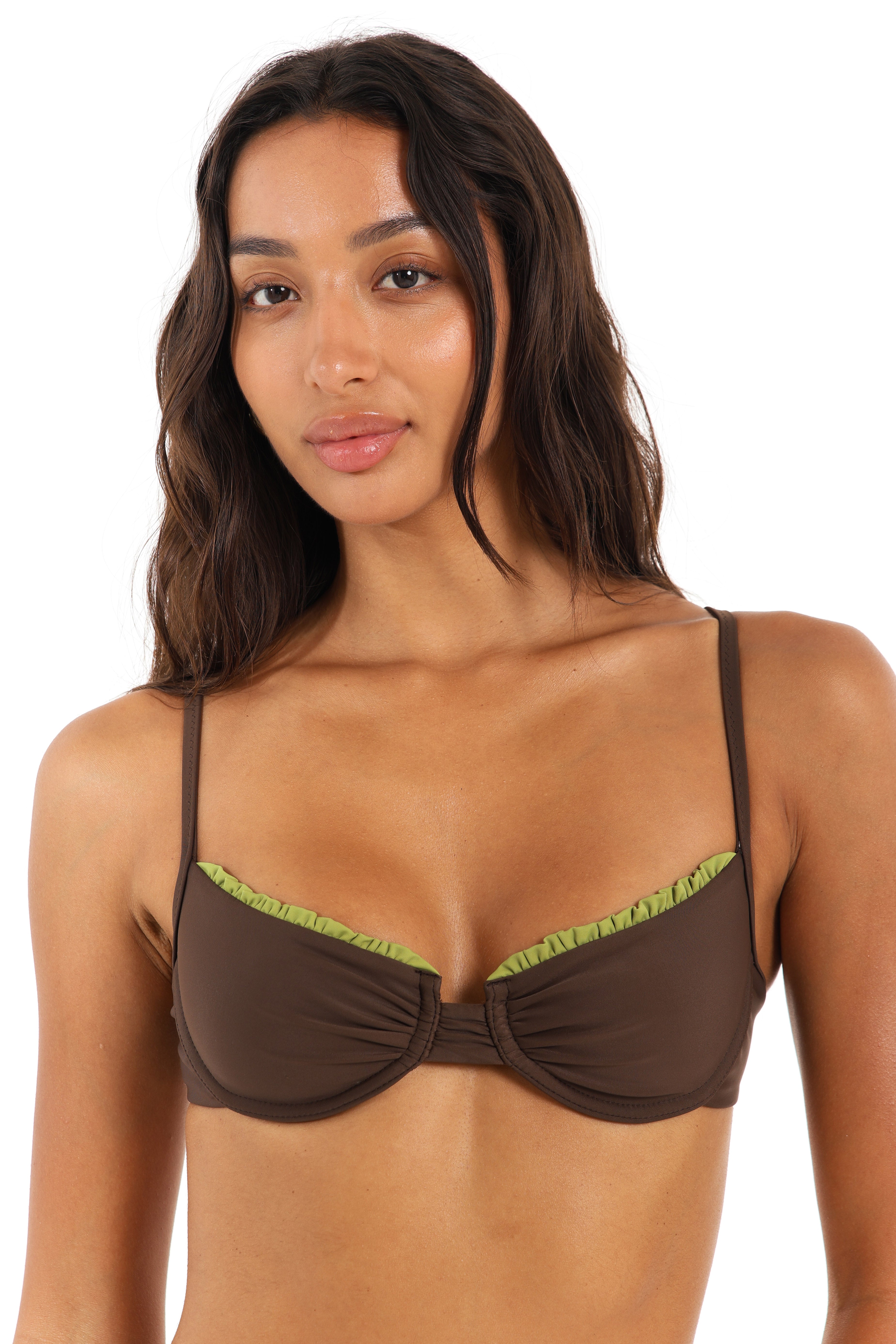 Aruna chocolate brown underwire bikini top with green trim – Rays of Earth