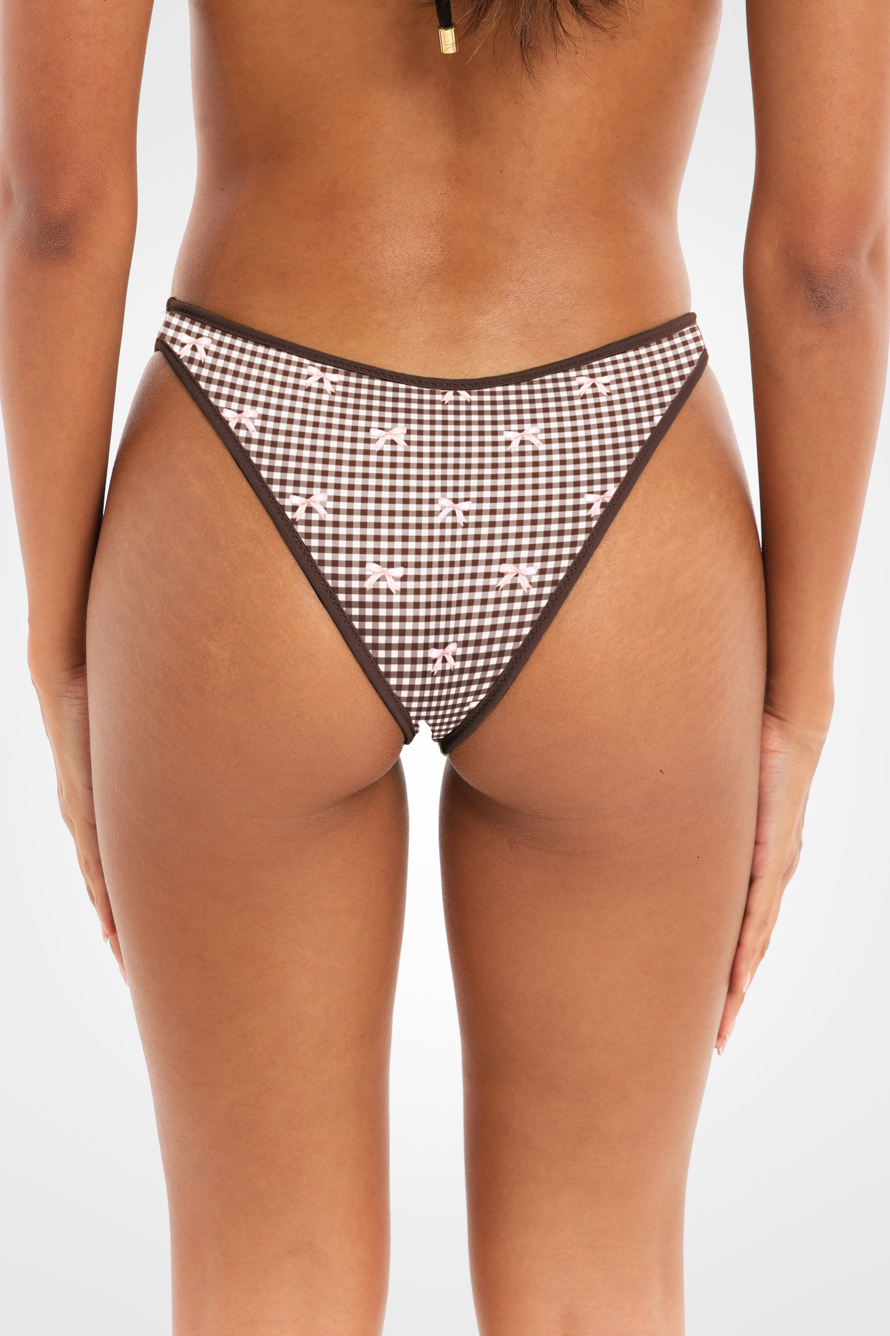Back view of the Bocini Reversible Classic High Coverage Bikini Bottoms in the Bocini gingham print, showcasing the high-coverage back, curved seams, and flattering high-leg silhouette.