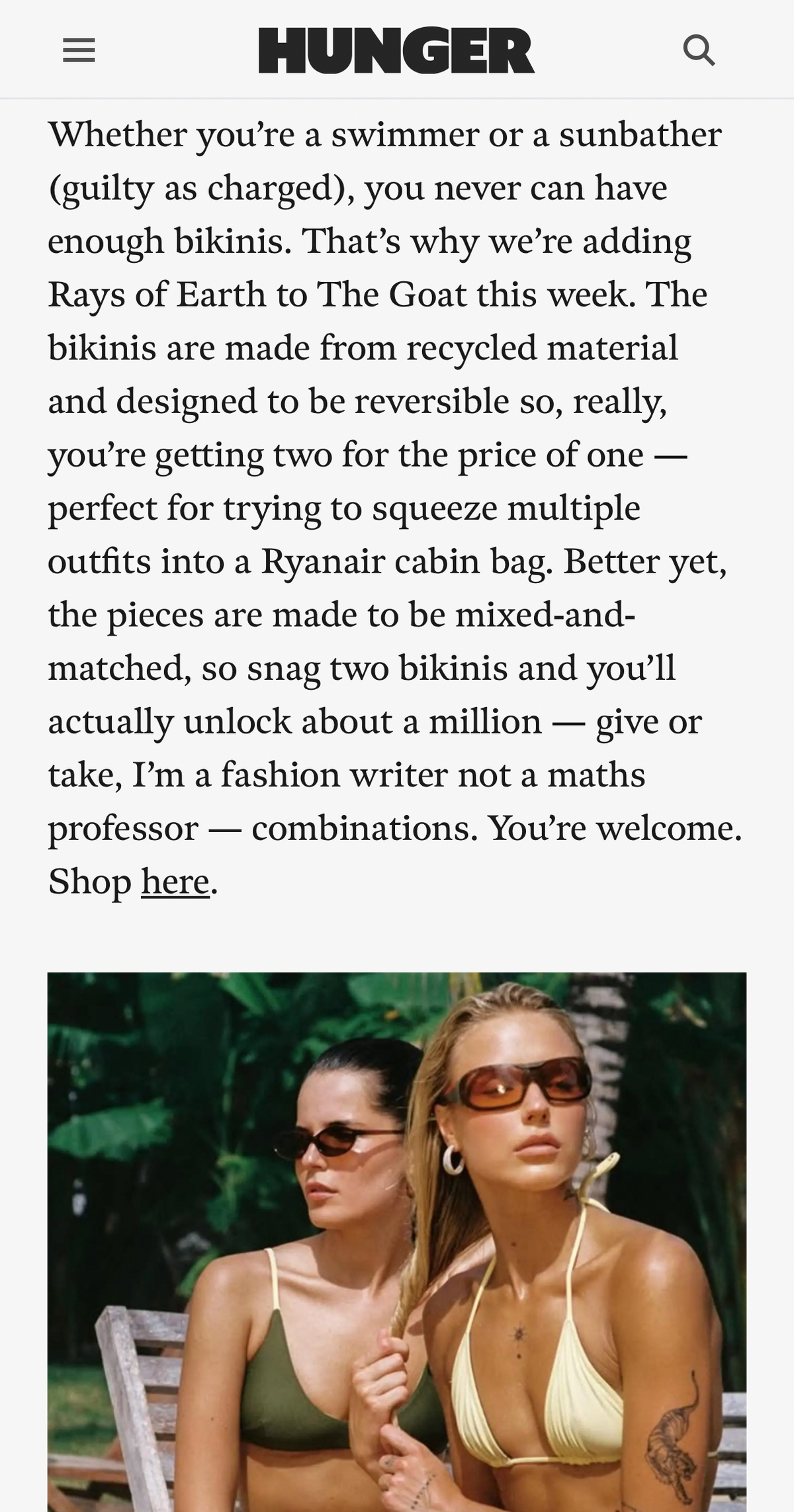 Screen shot of a Hunger magazine article about Rays of Earth bikini brand with two women in swimsuits.