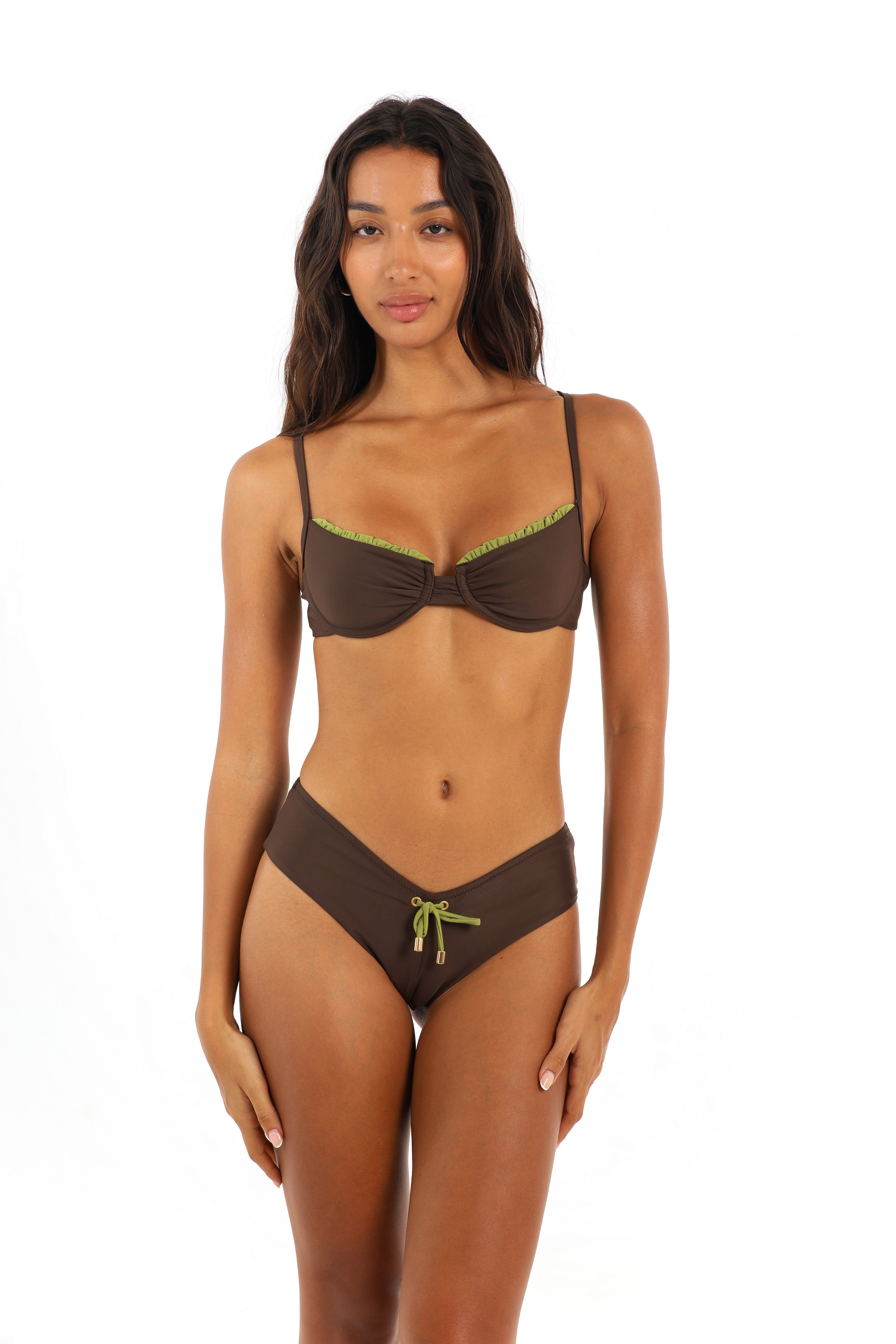 Front view cheeky shortie bikini bottoms in Aruna chocolate brown – Rays of Earth
