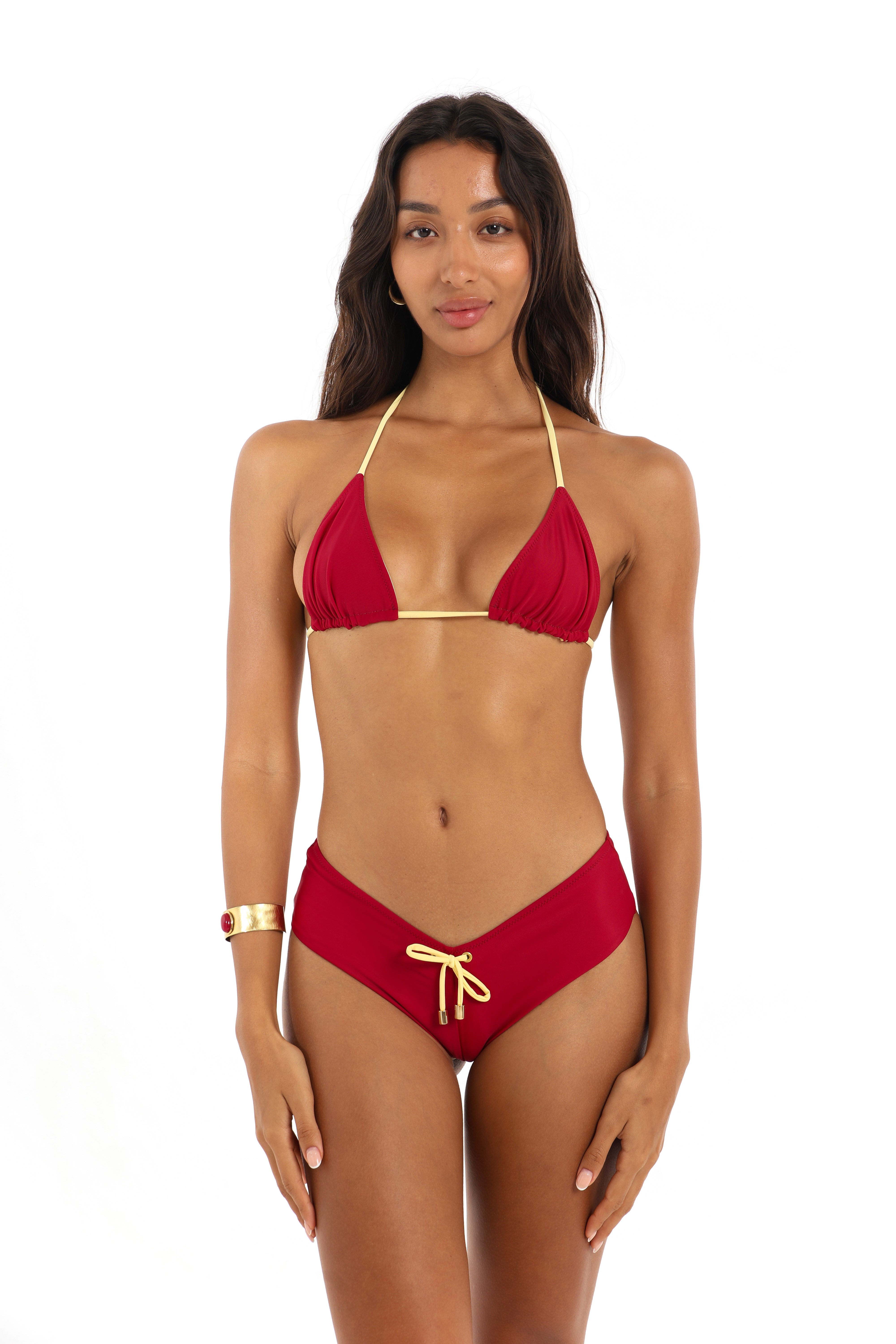 Front view cheeky shortie bikini bottoms in Indra berry red – Rays of Earth