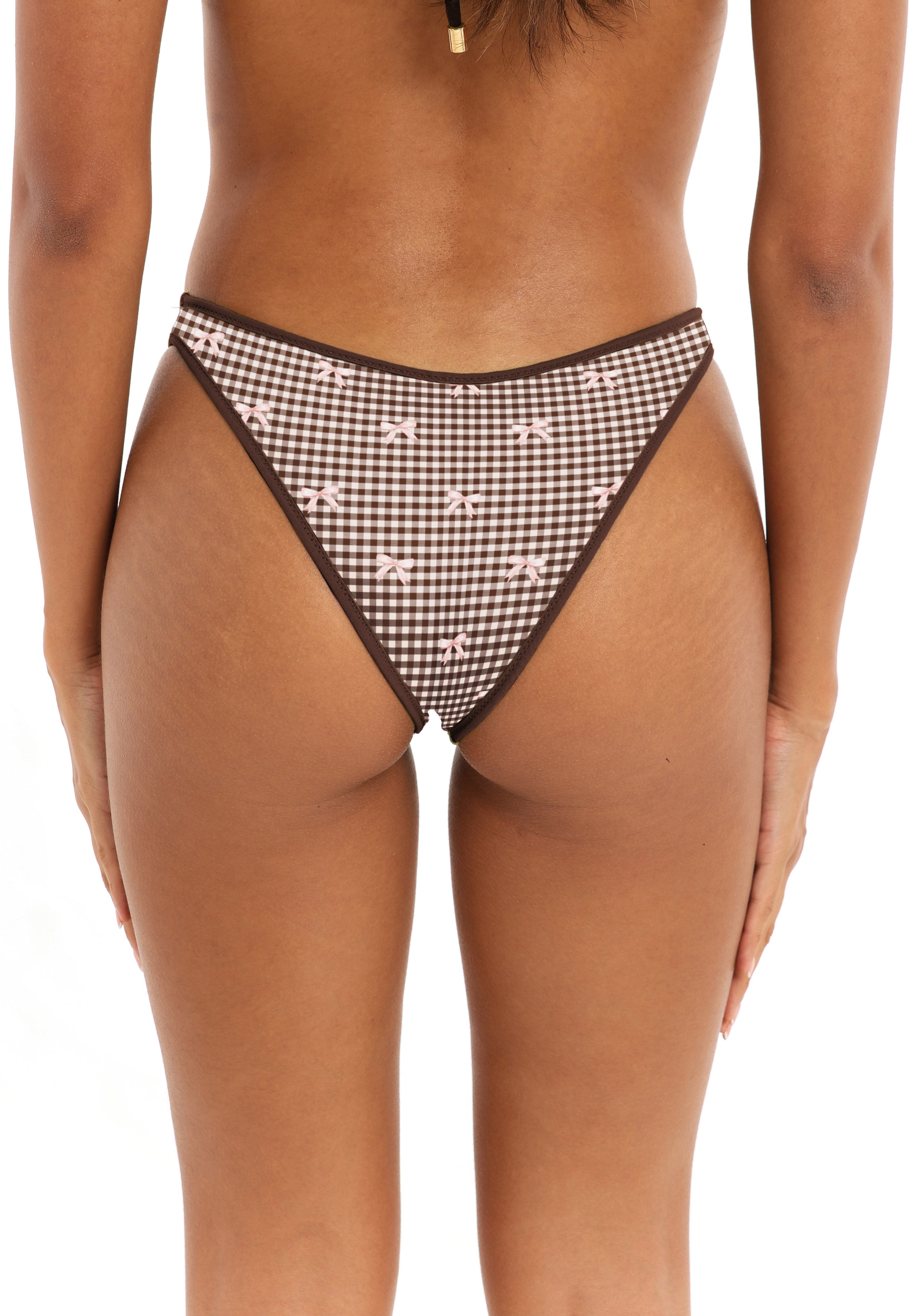 Back view high coverage classic bikini bottoms in brown gingham Bocini with pink bows - Rays of Earth