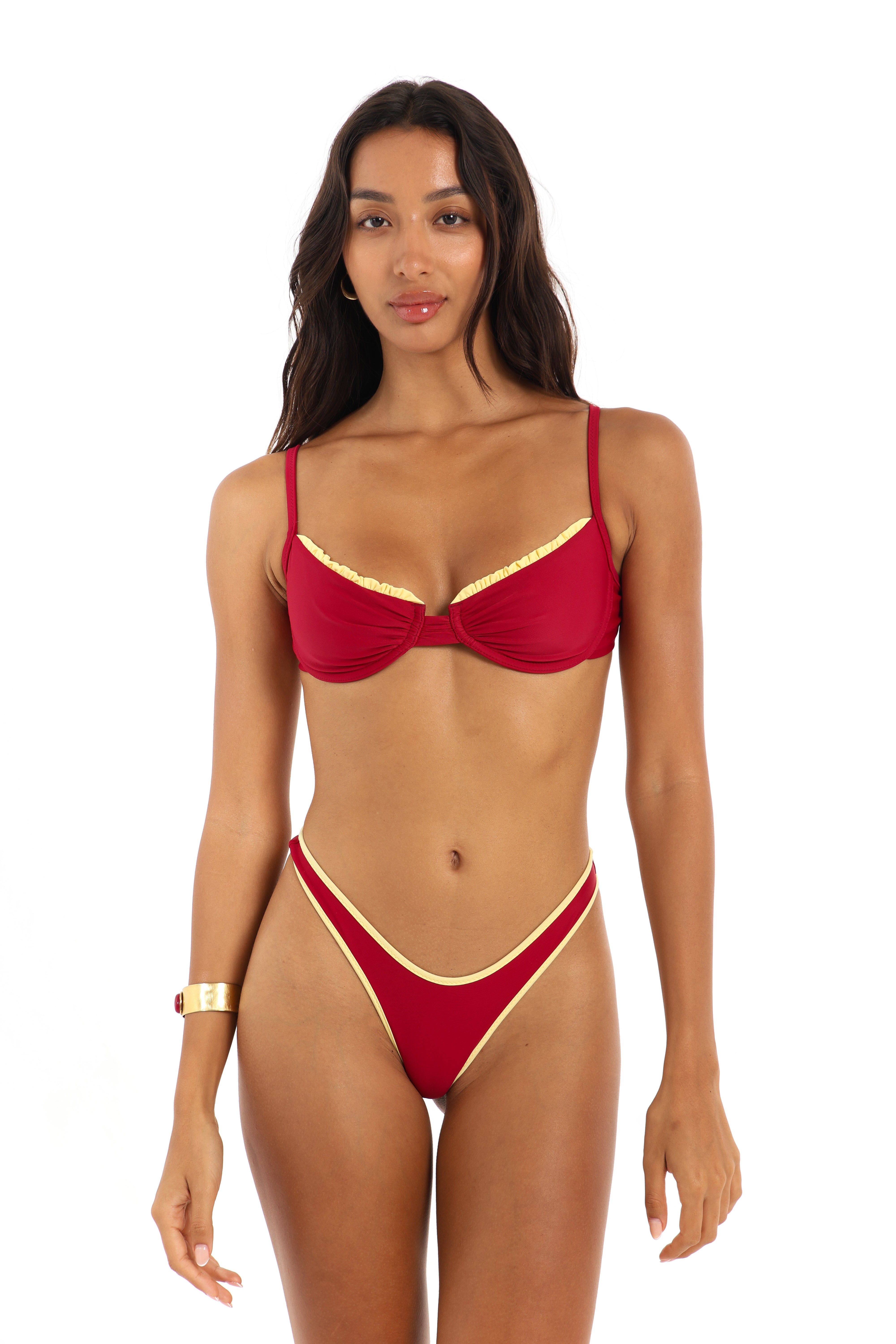 Front view low coverage classic bikini bottoms in Indra berry red – Rays of Earth