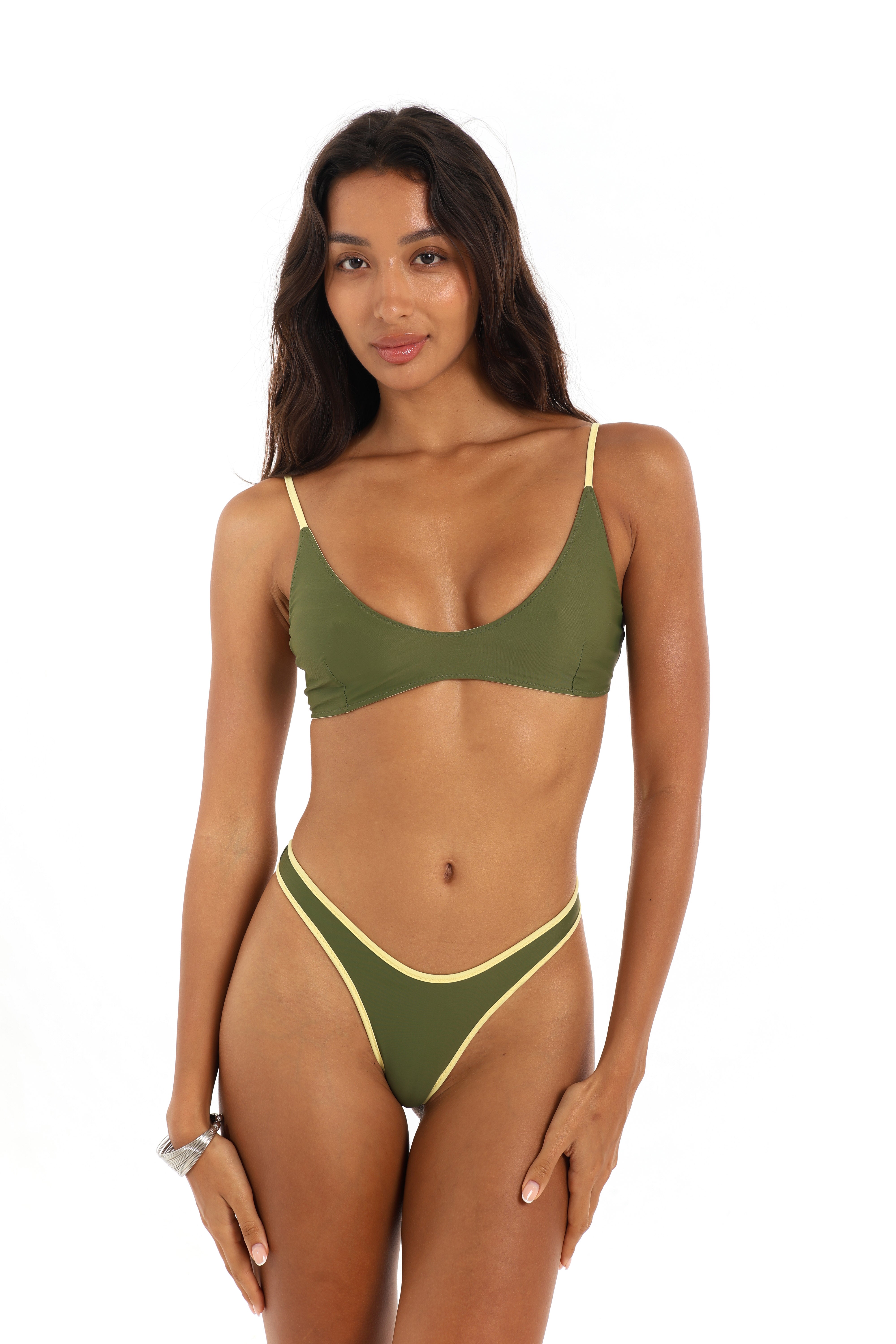 Front view low coverage classic bikini bottoms in Mossii khaki green – Rays of Earth