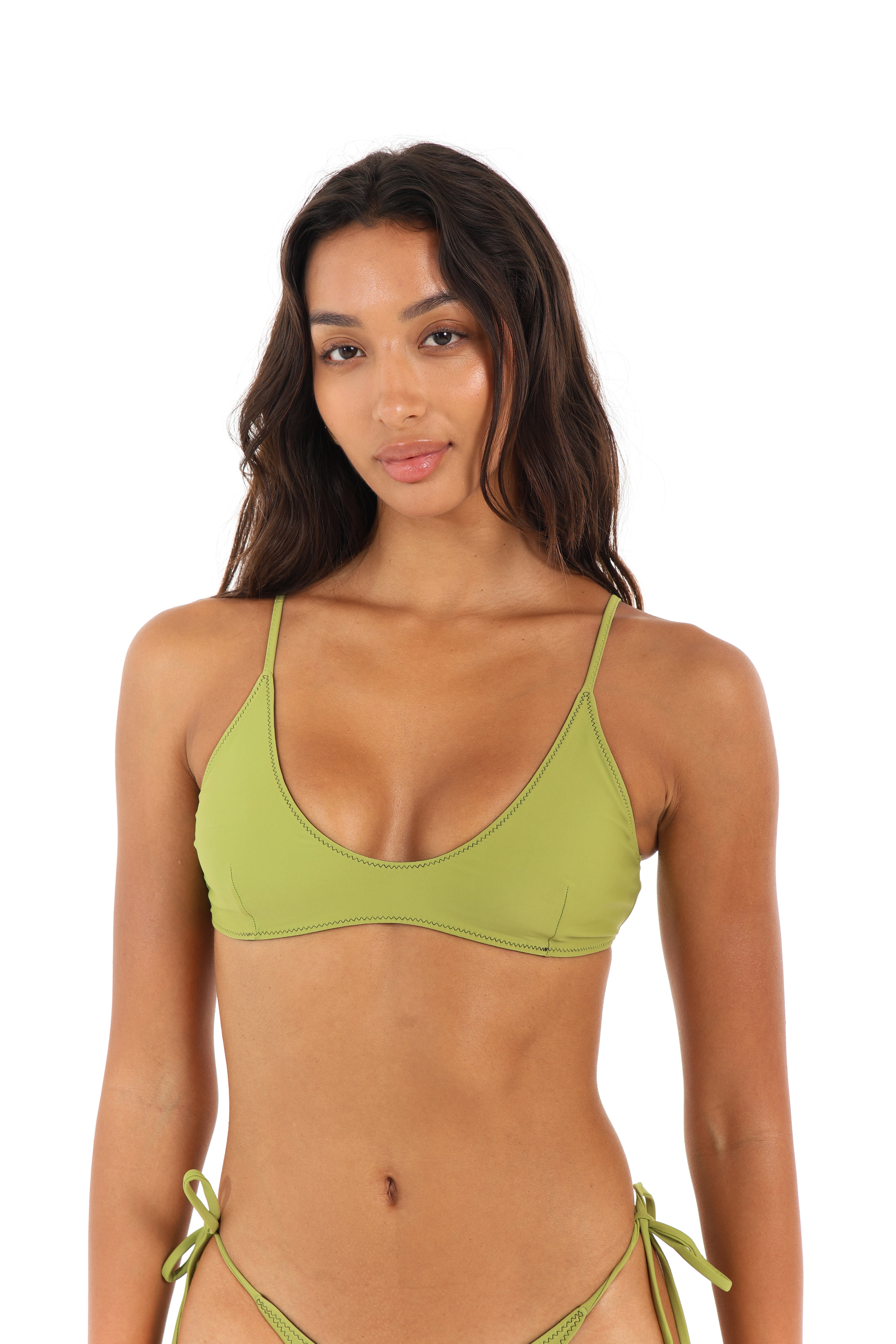 Front view scoop bikini top in Aruna pistachio green – Rays of Earth