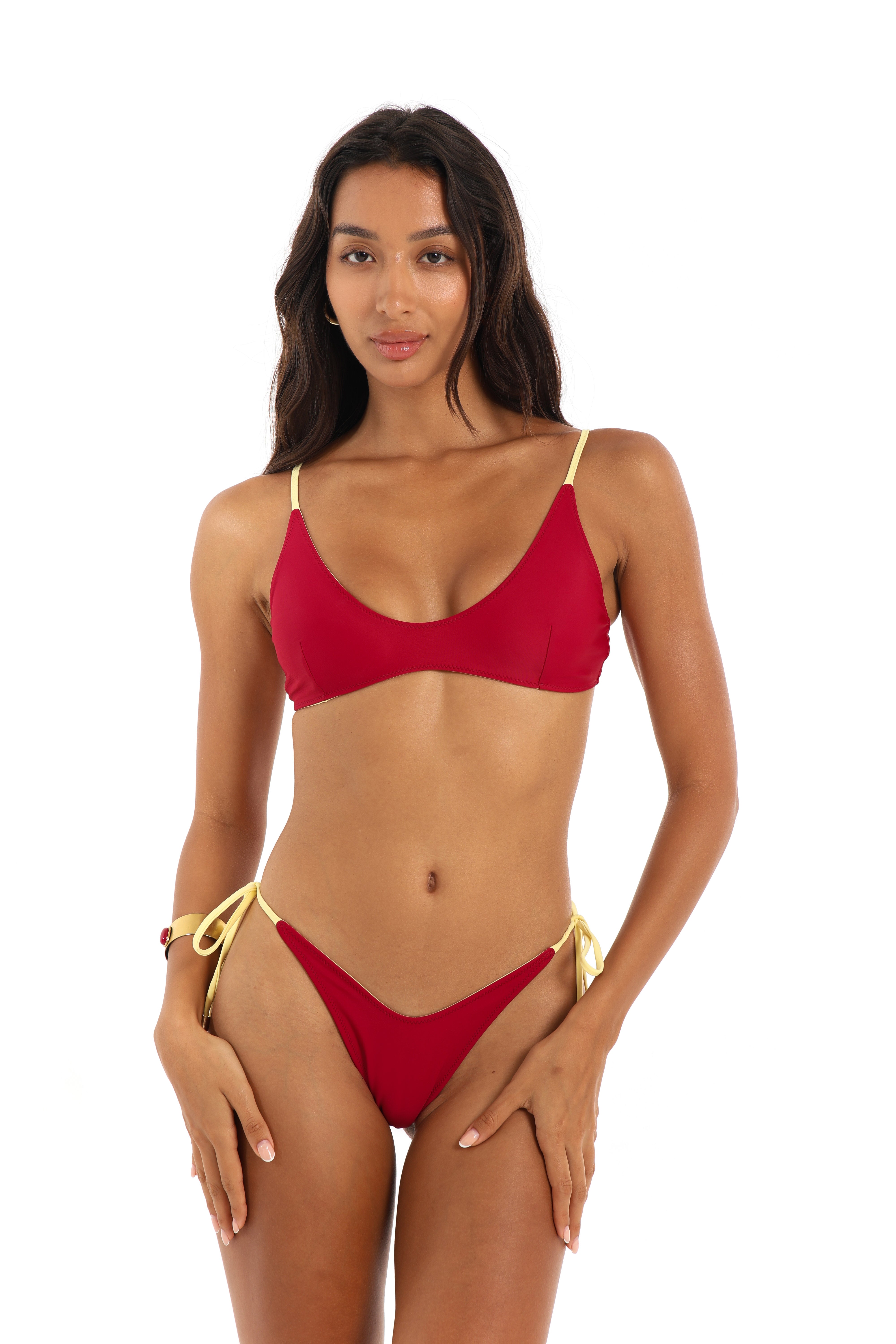Front view scoop bikini top in Indra berry red – Rays of Earth
