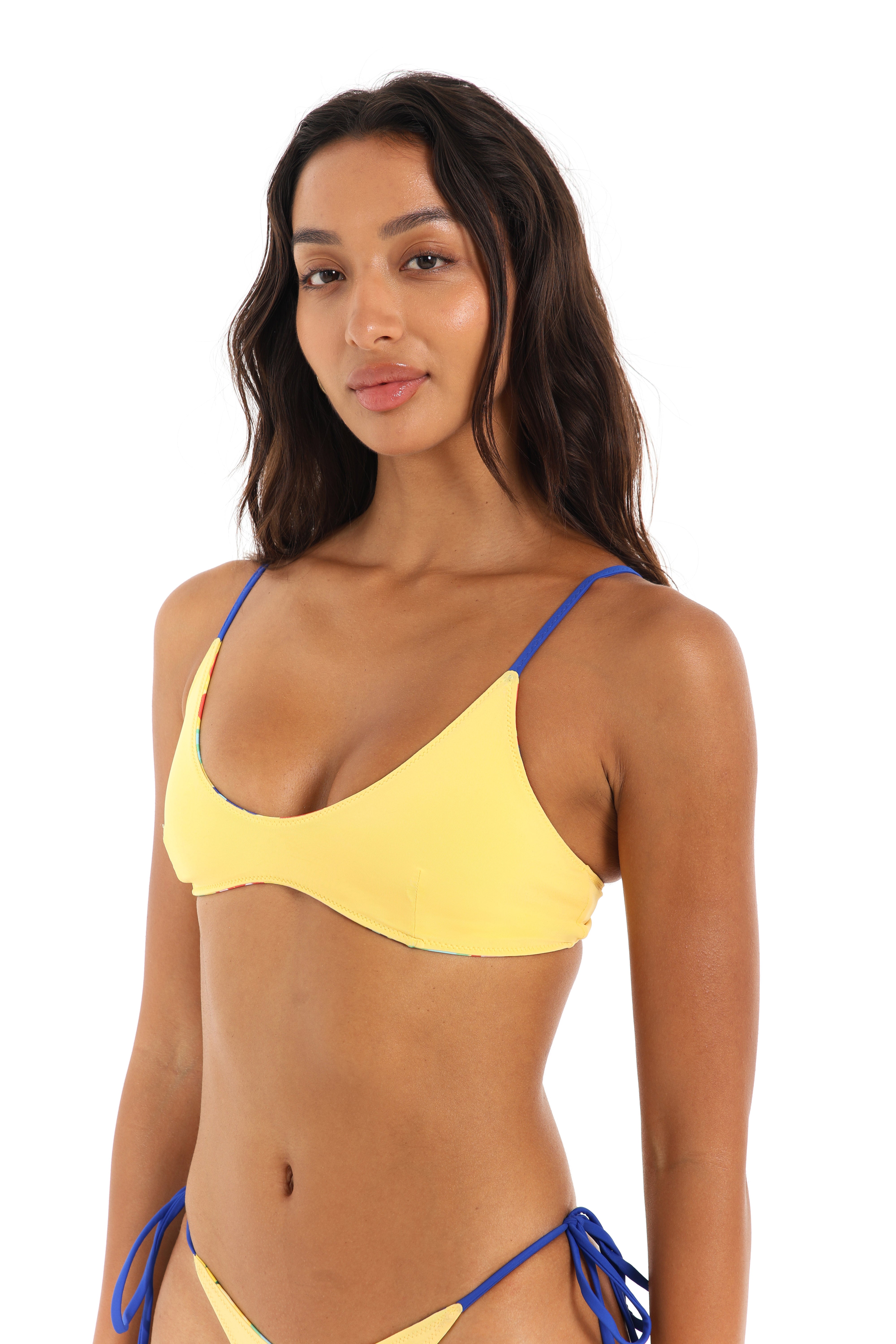 Yellow reversible scoop bikini top with blue ties – Rays of Earth