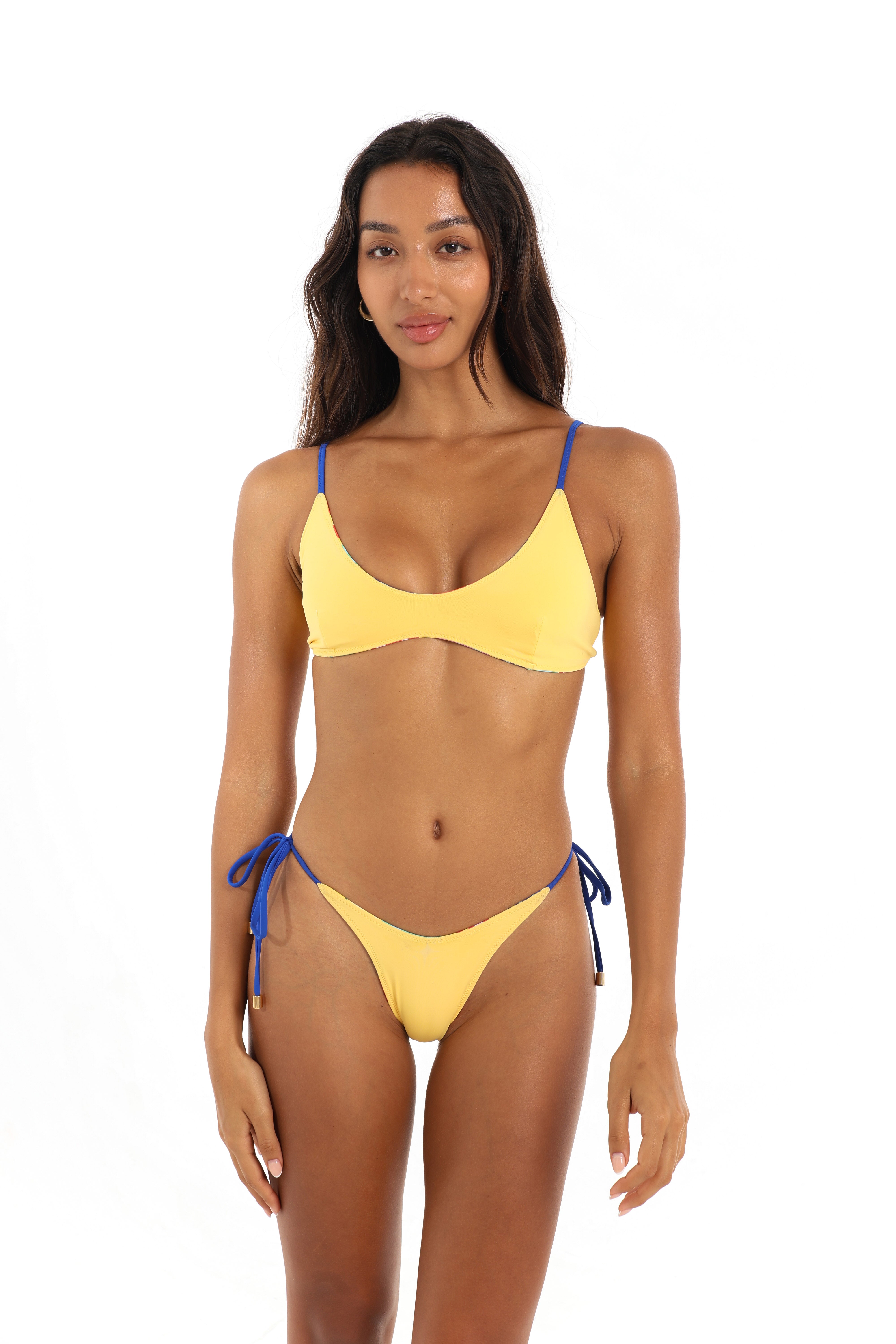 Yellow scoop bikini top side tie bikini bottoms with blue ties – Rays of Earth