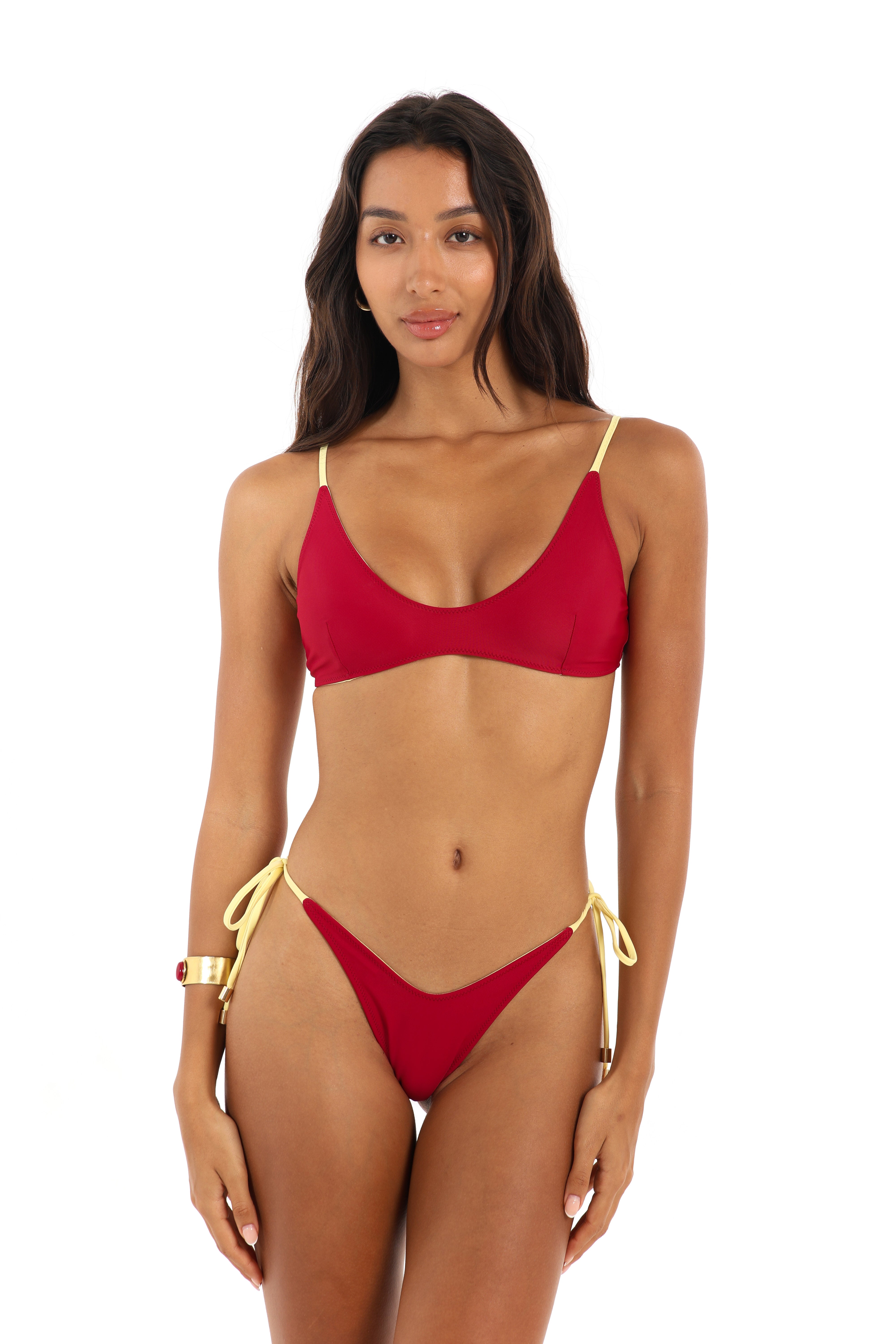 Front view high coverage side tie bikini bottoms in Indra berry red – Rays of Earth
