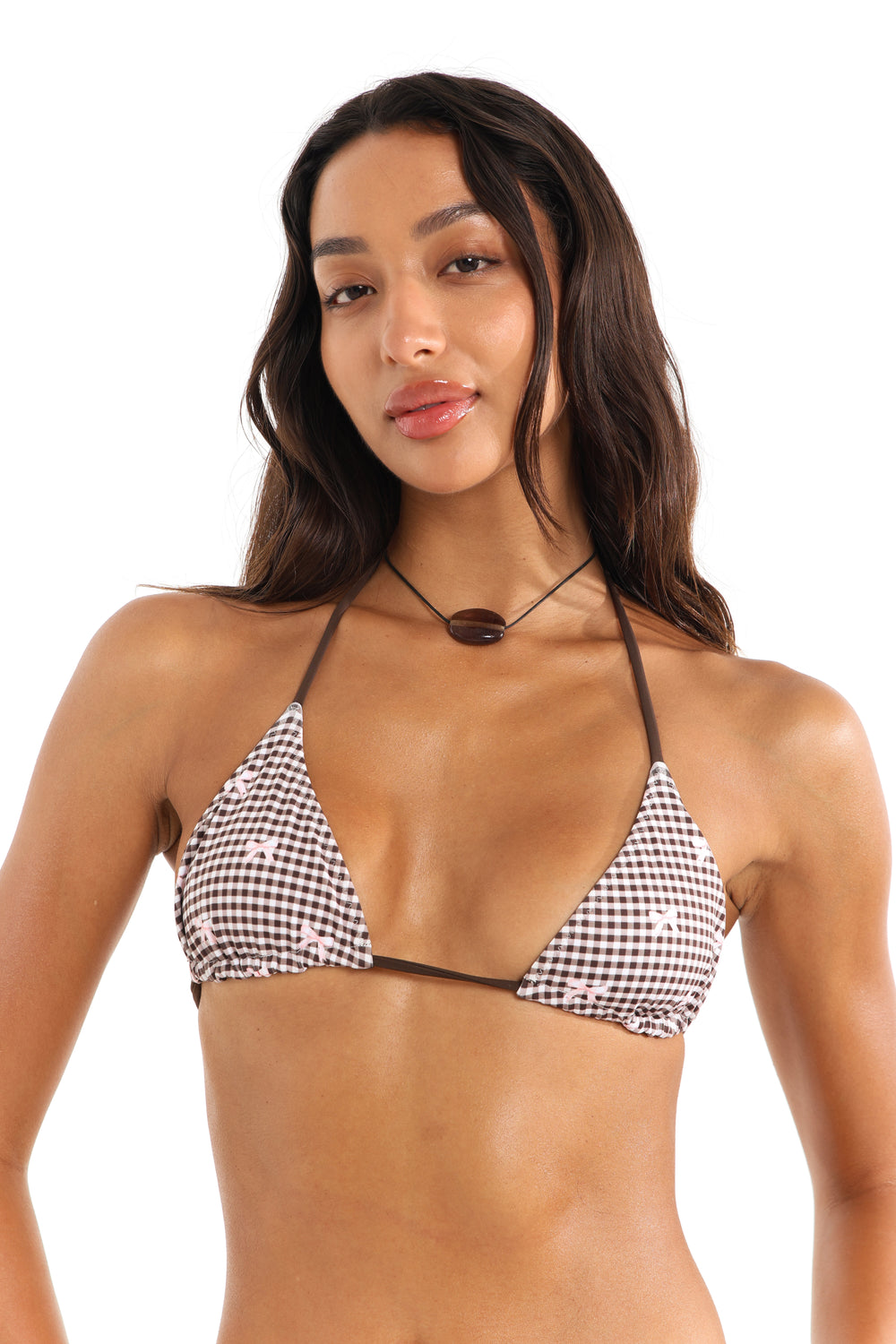 Front view of Bocini ginham triangle bikini top on model - Rays of Earth