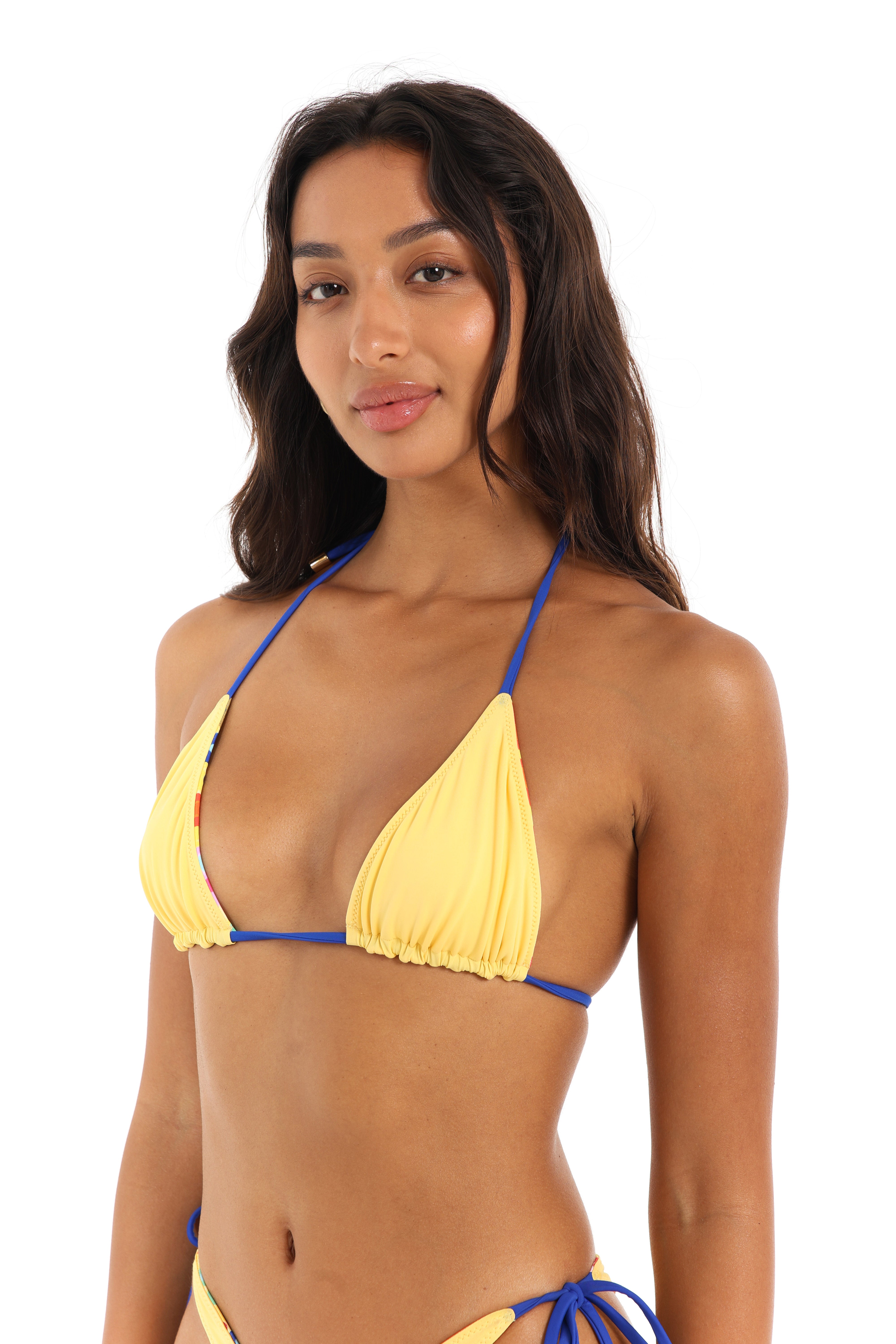 Yellow reversible triangle bikini top with blue ties – Rays of Earth